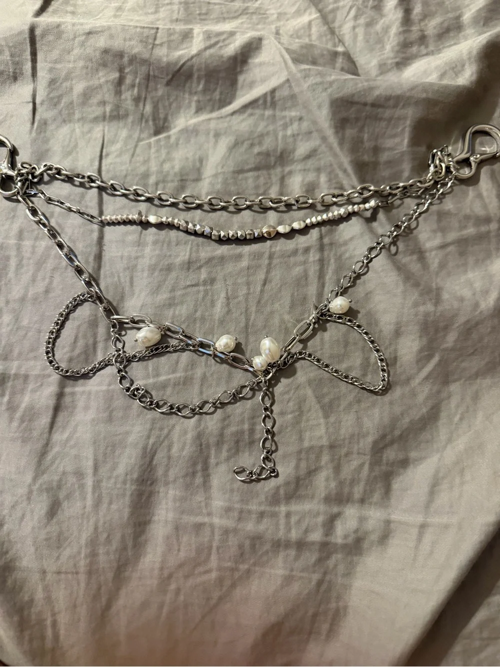 Free People navy blue and silver layered chain belt with pearls